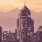 Pixel art city building sunset