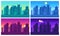 Pixel art cityscape. Town street 8 bit city landscape, night and daytime urban arcade game location