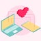 Pixel art computer and love message. Online love communication using laptop, valentines day email