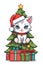 A pixel art of a cute and adorable chibi kitten with santa hat, christmas tree and the gifts, white background, animal, stickers