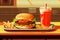 Pixel art depicting a tantalizing burger meal on a stainless steel tray, including soda and fries. AI Generated