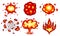 Pixel art explosions. game icons set. Comic boom flame effects for emotion. 8-Bit Vector. Bang burst explode flash