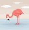 Pixel art flamingo is standing in the water.