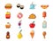 Pixel art food computer design icons vector illustration restaurant pixelated element fast food retro game web graphic.