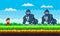 Pixel art game background with ninja warrior fighting with pixelated gorillas huge animals