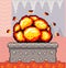 Pixel art game scene concrete plarform with bang explosion, dungeon with flowing river of fire