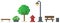 Pixel art game scene with trees, bushes, benches, trash can and street lamp on white background