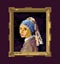 Pixel Art Girl with a pearl earring in a frame. Portrait of woman. Creative redrawing artwork, crypto art, modern