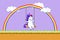 Pixel art happy unicorn riding on a swing hanging on a rainbow vector