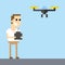 Pixel Art Image Of Man Flying Drone Using Remote Control