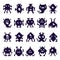 Pixel art invaders silhouette. Space invader monster game, pixels robots and retro arcade games isolated vector icons