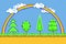 Pixel art landscape, background game platformer with rainbow, trees and clouds vector