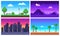 Pixel art landscape. Summer ocean beach, 8 bit city park, pixel cityscape and highlands landscapes arcade game vector