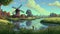 Pixel Art Of Majestic Windmill In Wetland