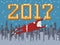Pixel art New Year postcard with flying Santa