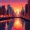 Pixel art of the New York city at sunset, AI-generated.