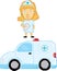 Pixel art nurse with ambulance. Vector illustration decorative design