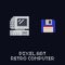 Pixel art retro computer and blue floppy diskette icon - vintage 8 bit vector set on dark background