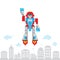 Pixel art retro game style cartoon flying robot vector illustration