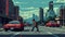 Pixel Art Street Car: Dark Red And Sky-blue Sublime Wilderness