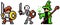 Pixel art style, character in game arcade play vector. Man with shield and sword skeleton and wizard