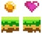 Pixel art style coin and heart for retro pixel-game. Shiner golden coin, pixelated awards sketch