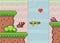 Pixel art style, game background with heart near the waterfall, wooden chest and alien enemy