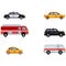 Pixel art transport collection. Vehicles pack, police, ambulance, taxi, fire truck icons isolated. Flat vector