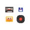 Pixel art vector illustration set - audio compact cassette, video tape cassette, floppy disk, vinyl gramophone record