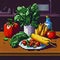 pixel art of vegetables on a table, in the style of dreamlike realism