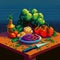 pixel art of vegetables on a table, in the style of dreamlike realism