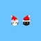 Pixel black and white cat head with santa hat.8bit.