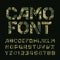 Pixel camo alphabet font. Stencil type letters and numbers on a dark background.