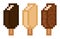 Pixel chocolate covered ice cream - classic, almond, white chocolate - isolated 8 bit vector