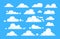 Pixel cloud. Game animation 8bit sky, digital cloudy retro scene, flying white computer clouds on blue sky, 16-bit