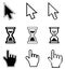 Pixel cursors icons-arrow, hourglass, hand mouse.