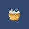 Pixel dessert. Cupcake with blueberry cream. Isolated on dark background.