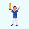 Pixel Effect Cricket Player Man Holding Trophy Cup Against Pastel Blue