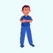 Pixel Effect Portrait Of Cartoon Cricket Player Standing On Pastel Blue