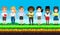 Pixel female characters for pixel-game stand against background of nature landscape with blue sky