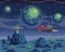 Pixel game with celestial characters on aircrafts. Main heroes fly on spaceships during war in space