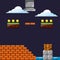 Pixel game level with cloud coins brick wall