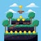 Pixel game trophy level coins tree landscape