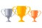 Pixel golden, silver and bronze trophy pack. Cups in 8-bit style. Vector illustration.