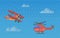 Pixel helicopter and plane for old pixel-game design layout. Air transport flying in blue sky