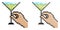 Pixel icon. Female hand holding glass with martini. Cocktails, alcoholic drinks, for menu of cafe. Simple retro game vector