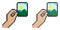 Pixel icon. Hand holds paper photograph. Memories of vacation or trip to nature. Printing photos. Simple retro game vector