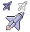 Pixel icon of space shuttle in three variants