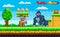 Pixel knight battling with huge monkey. Warrior holding shield and sword fighting against gorilla