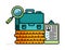 pixel line art illustration of briefcase on pile of coins and magnifying glass, metaphor of job vacancy in financial and banking